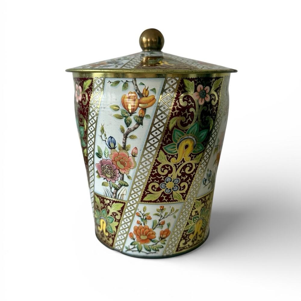 Vintage Daher Tea Tin Ornate Floral Chinoiserie Style Lidded Decorative Baroque